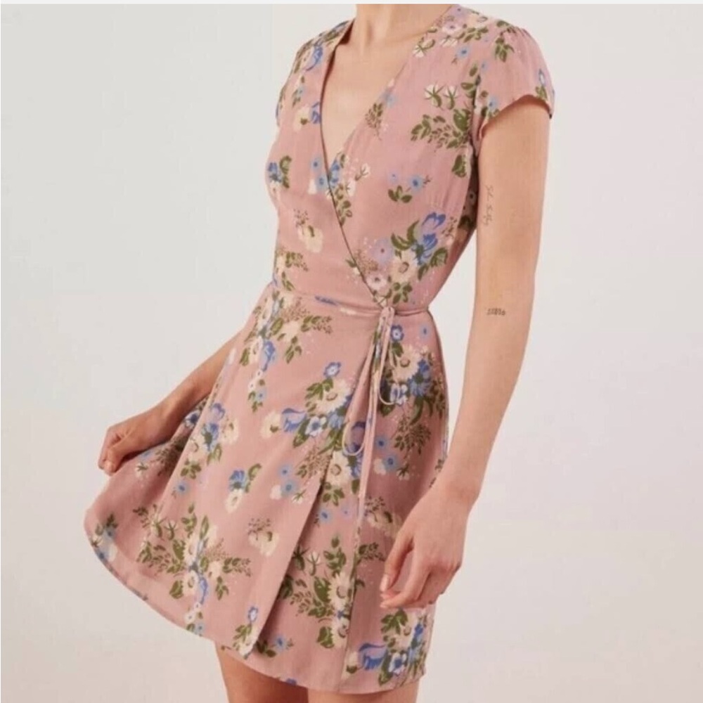 Reformation Dawn Mini Wrap Dress Pink Ditsy Floral Retro Womens XS Cottagecore